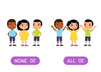 NONE OFF and ALL OFF antonyms word card, Opposites concept. Flashcard for English language learning. Multiracial children hold their hands up in agreement, no one raised their hand.