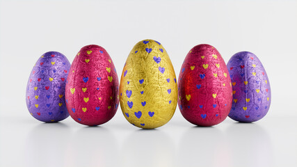 Easter Eggs isolated against a white background. Chocolate Eggs wrapped in patterned Purple, Pink and Yellow foil. 3D Render
