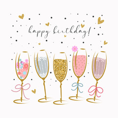 Birthday greeting card. Five glasses of champagne with confetti. Vector illustration in flat style
