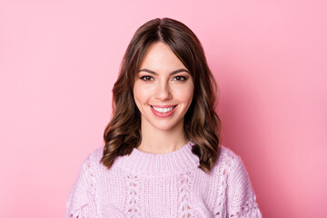 Fototapeta premium Photo of funny cute young lady wear knitted pullover smiling isolated pastel pink color background