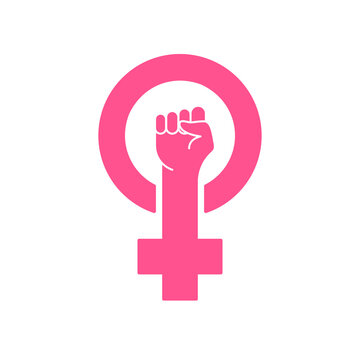 Feminism protest symbol. Pink female first, women rights. Symbol of feminism movement. Girl Power Sign. Pink arm silhouette on white background. Vector illustration