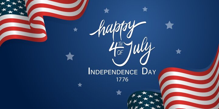 Independence Day banner with United States national flag and hand drawn lettering text Happy 4th of July on blue background. Vector illustration