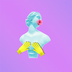 Sculpture of a woman with a rose on a pink background and yellow hands covering her breasts.