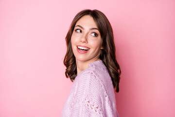Fototapeta premium Profile side view portrait of pretty cheerful dreamy wavy-haired girl creating solution isolated over pink pastel color background