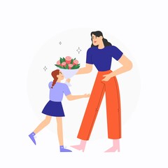 Happy Mothers Day greeting card. 
Vector illustration with female character and her child with bouquet of flowers.
