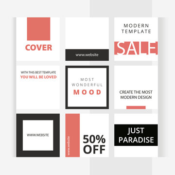 Modern red style. Set of editable square photo collage banners. Minimalism templates for social media posting and online advertising. Trend vector illustration.