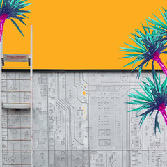 Abstract pink palms on an orange background and a gray building with a staircase.