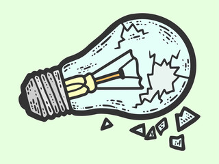 Broken incandescent light bulb, glass. Sketch scratch board imitation color.