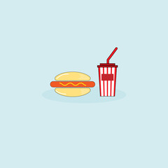 Hambergur with Hot Dog ,mustard  and Soft Drink on Light Blue Background.Vector Icon Illustration.Fast food,deliverly for poster, menu, brochure, web fastfood design.