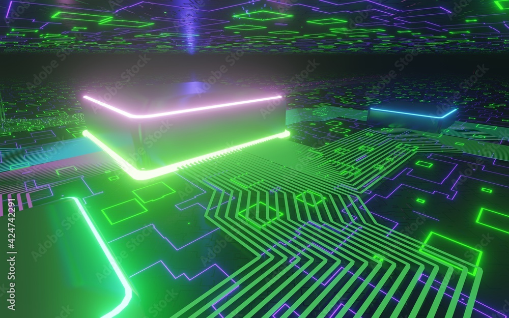 Poster 3d rendering technology background microchip high-tech future high-speed cpu motherboard