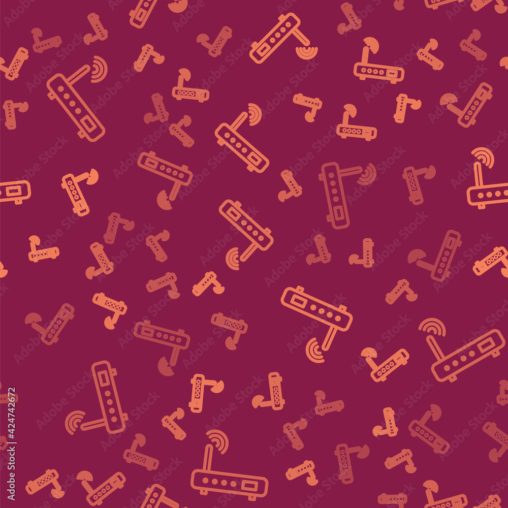 Poster brown line router and wi-fi signal icon isolated seamless pattern on red background. wireless ethern