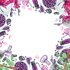 watercolor SPA frame. Bath collection of oil, flower, salt, towel, stones candels aroma stiks