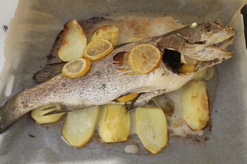 Closeup on healthy organic lunch fresh fish fillet with a lemon,potato horizontal format