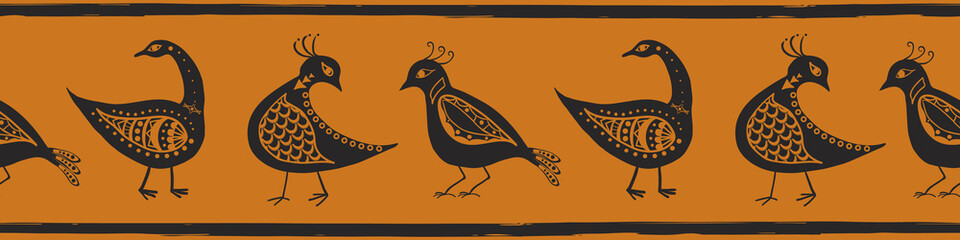 Obraz premium Stylized bird seamless vector border. Banner with mix of folk art or ancient history style birds and painterly stripe edging. Ochre black design for header, ribbon, museum exhibition, concept
