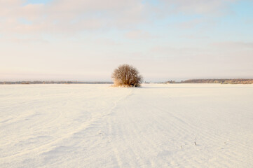 Empty snow covered road in winter landscape