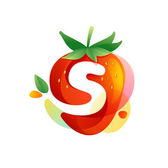 Letter S logo on a tasty ripe Strawberry with green leaves and juice splashes.