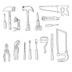 A set of construction tools for a man. Drawn by hand with pen and ink. Isolated on white background, vector illustration. Can be used in your projects in banners and posters. Cartoon. 