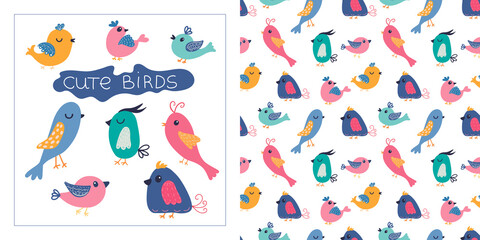 Cute colorful birds set in cartoon style. Seamless pattern with cute birds. Bright colors. Vector isolated elements