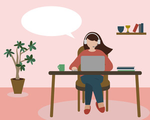 ヘッドセットをつけて在宅で仕事をする女性