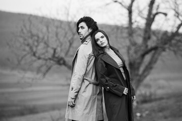 Beautiful sensual portrait of young stylish couple in love.Image of adorable brunette couple in love. Happy family.