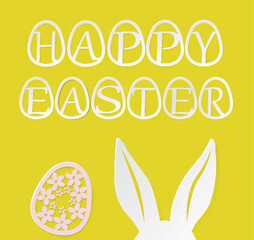 Happy Easter greeting card with eggs and Easter bunny on yellow background. vector papercut  illustration 