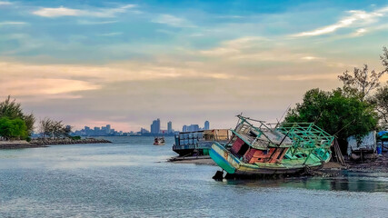 Wooden Colourful Fishing boats at rest in port, Eastern of Thailand.