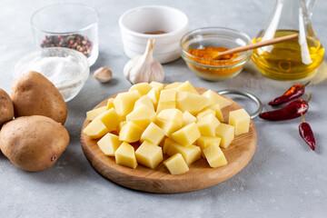 Aloo Palak sabzi. Spinach Potatoes curry served in a bowl. Ingredients. Step by step cooking. Popular Indian recipe