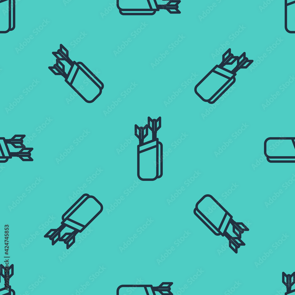 Poster black line quiver with arrows icon isolated seamless pattern on green background. vector