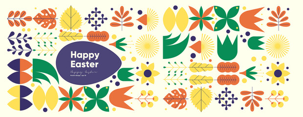 Happy Easter. Flat vector illustration. Abstract backgrounds, geometric patterns for the Easter holiday. Ornament, spring symbols, eggs, flowers. Poster, banner, flyer. Egg packaging label.