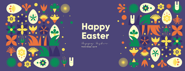 Happy Easter. Flat vector illustration. Abstract backgrounds, geometric patterns for the Easter holiday. Ornament, spring symbols, eggs, rabbit, flowers. Poster, banner, flyer. Egg packaging label.