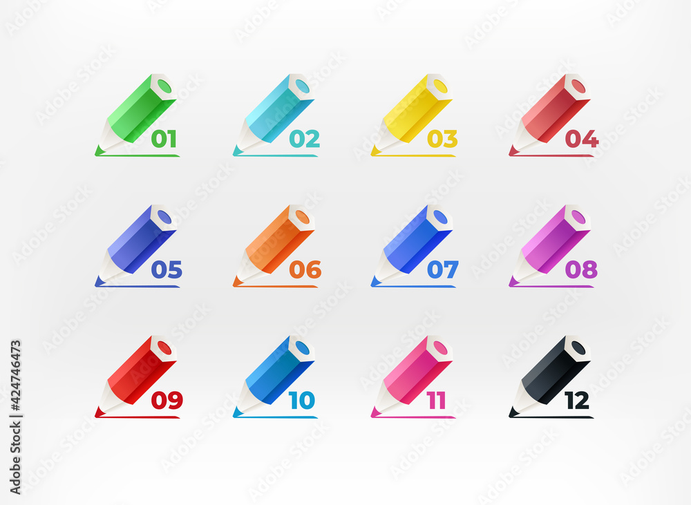 Poster color crayons with digits. inforgaphic vector bullets. template for design