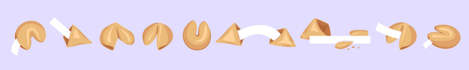 Chinese fortune cookies set of elements. Baking with white templates, pieces of paper of good luck. Holiday sweets as a gift
