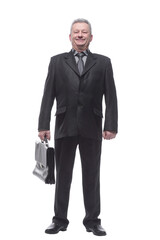 Happy business man standing with briefcase isolated over white background