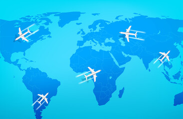 Modern aircraft flying above the world map. Top view vector illustration