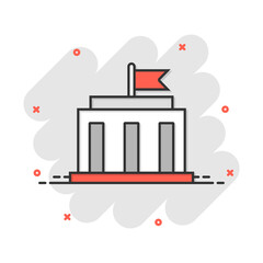 Obraz premium Bank building icon in comic style. Government architecture vector cartoon illustration pictogram. Museum exterior business concept splash effect.
