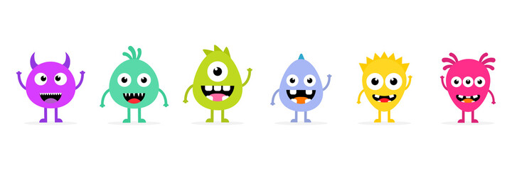 Set of cartoon cute monsters. Halloween characters. Vector illustration isolated on white background