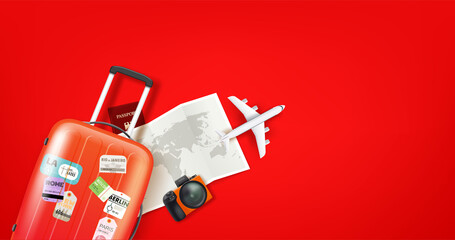 Travel illustration with different staff. Orange suitcase