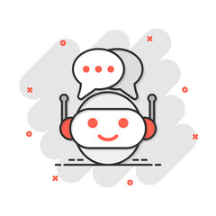 Cute robot chatbot icon in comic style. Bot operator vector cartoon illustration pictogram. Smart chatbot character business concept splash effect.