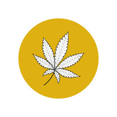 White silhouette of cannabis with a black outline in a yellow circle. Marijuana narcotic plant leaves pattern. Smartphone user interface button. Vector graphics.