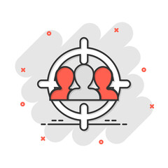 Target audience icon in comic style. Focus on people vector cartoon illustration pictogram. Human resources business concept splash effect.