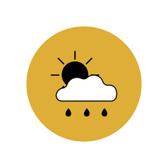 Cloud, sun, rain icon in yellow circle. Weather forecast for cloudy and rainy weather. Meteorological software. Real-time weather data. Smartphone user interface button. 