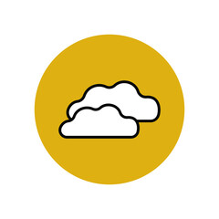 The cloud icon is white with a black outline in a yellow circle. Weather forecast. Meteorological software. Real-time weather data. Smartphone user interface button. Vector graphics.