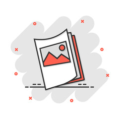 Flyer leaflet icon in comic style. Brochure sheet vector cartoon illustration pictogram. Booklet flyer business concept splash effect.