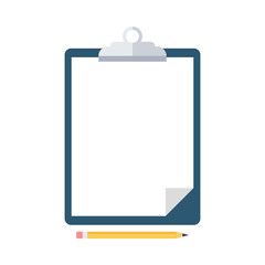 Pencil and clipboard with blank white paper isolated on white background. Office supplies. Vector illustration.