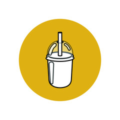 White silhouette of a glass with a drink in a yellow circle. Local restaurant with cocktails. Takeaway coffee and tea. Smartphone user interface button. Vector graphics.