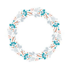 Summer wreath with flowers in scandinavian style. Spring herb flat abstract vector garden frame for woman day romantic holiday, wedding card. Element floral isolated illustration