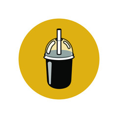 Black silhouette of a glass with a drink in a yellow circle. Local restaurant with cocktails. Takeaway coffee and tea. Smartphone user interface button. Vector graphics.