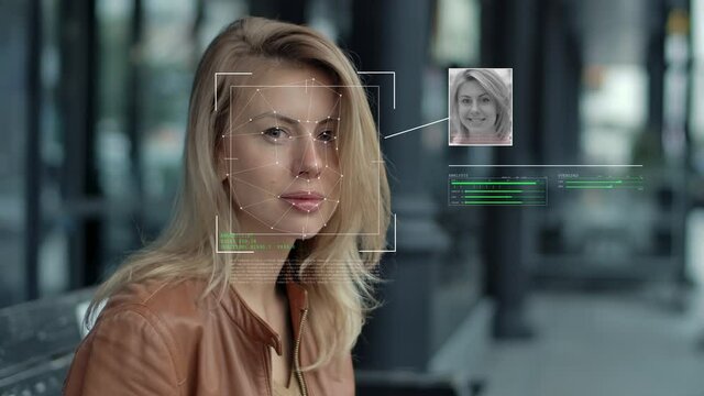 Modern Technology Using Facial Recognition Biometrics Portrait. Person Face Id. Young Beautiful Female Hi-tech 3d Detection Iris. Futuristic Scanned Cyber Security Protection People 4k Close-up Shot
