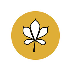 White silhouette of a chestnut leaf with a black outline in a yellow circle. Chestnut is a symbol of Kiev, Ukraine. Smartphone user interface button. 