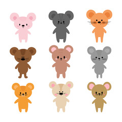 Adorable mouses. Set of cute cartoon animals. Fits for designing baby clothes. Hand drawn smiling characters. Happy animal